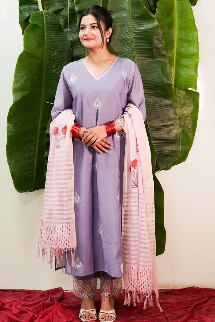 Aadhya  violet blue mul chanderi kurta set