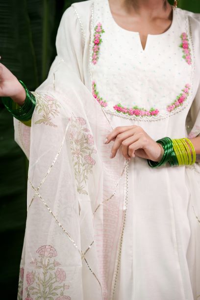 Dhairya beige mul chanderi kurta set