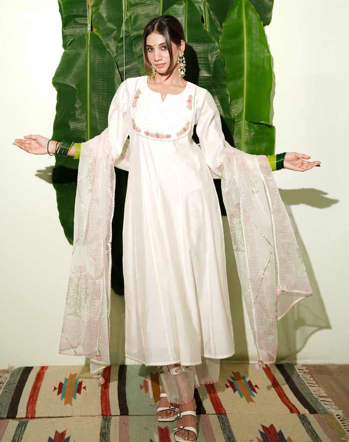 Dhairya beige mul chanderi kurta set