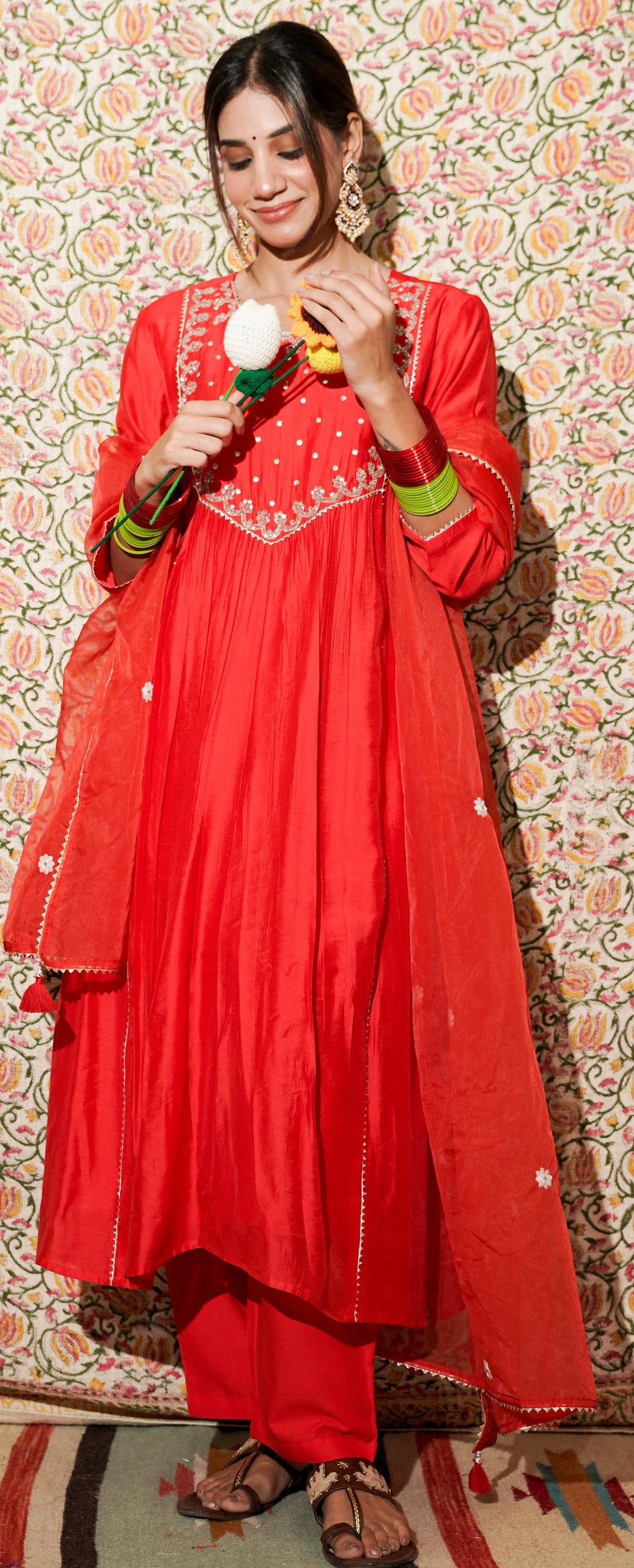 Urja blood red mul chanderi set