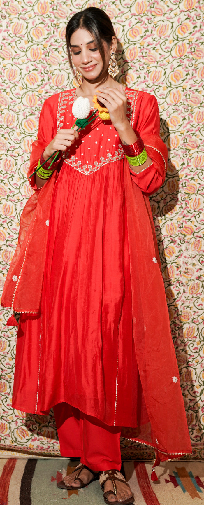 Urja blood red mul chanderi set