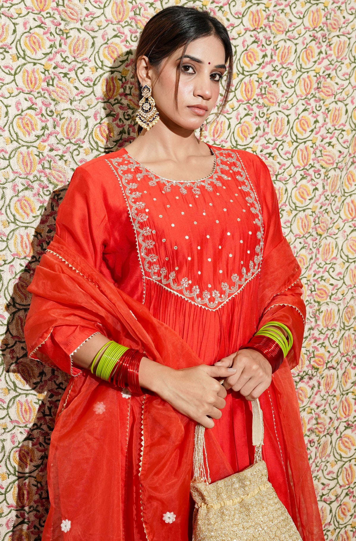 Urja blood red mul chanderi set