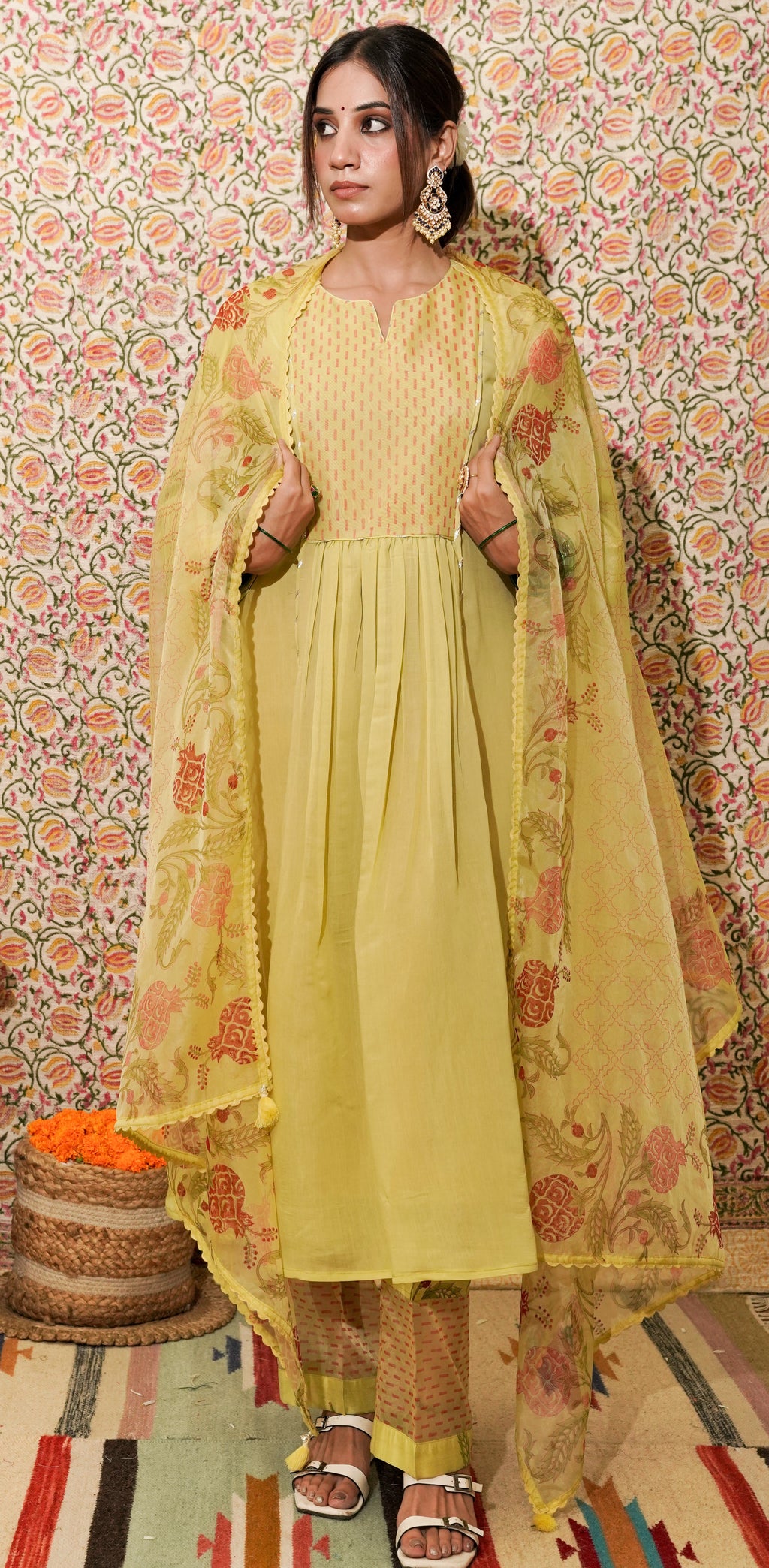Saanvi yellow mul chanderi suit set