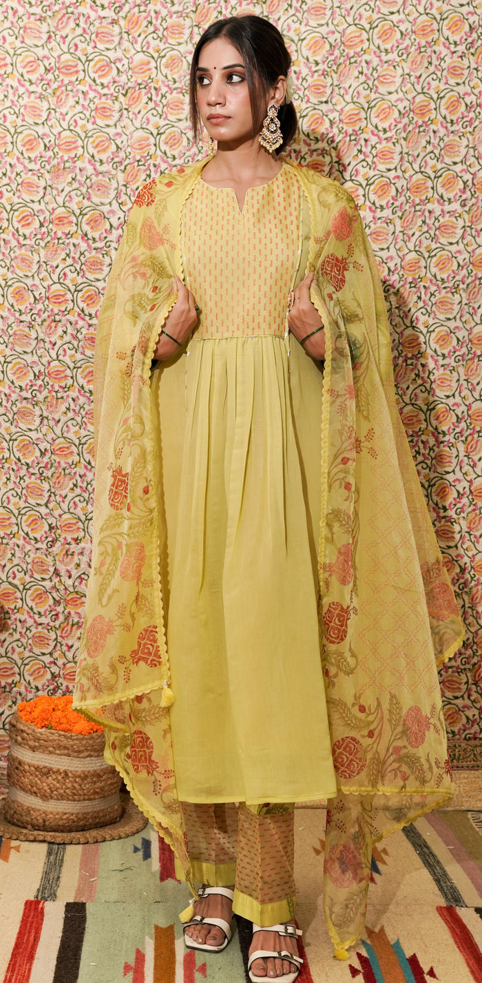 Saanvi yellow mul chanderi suit set