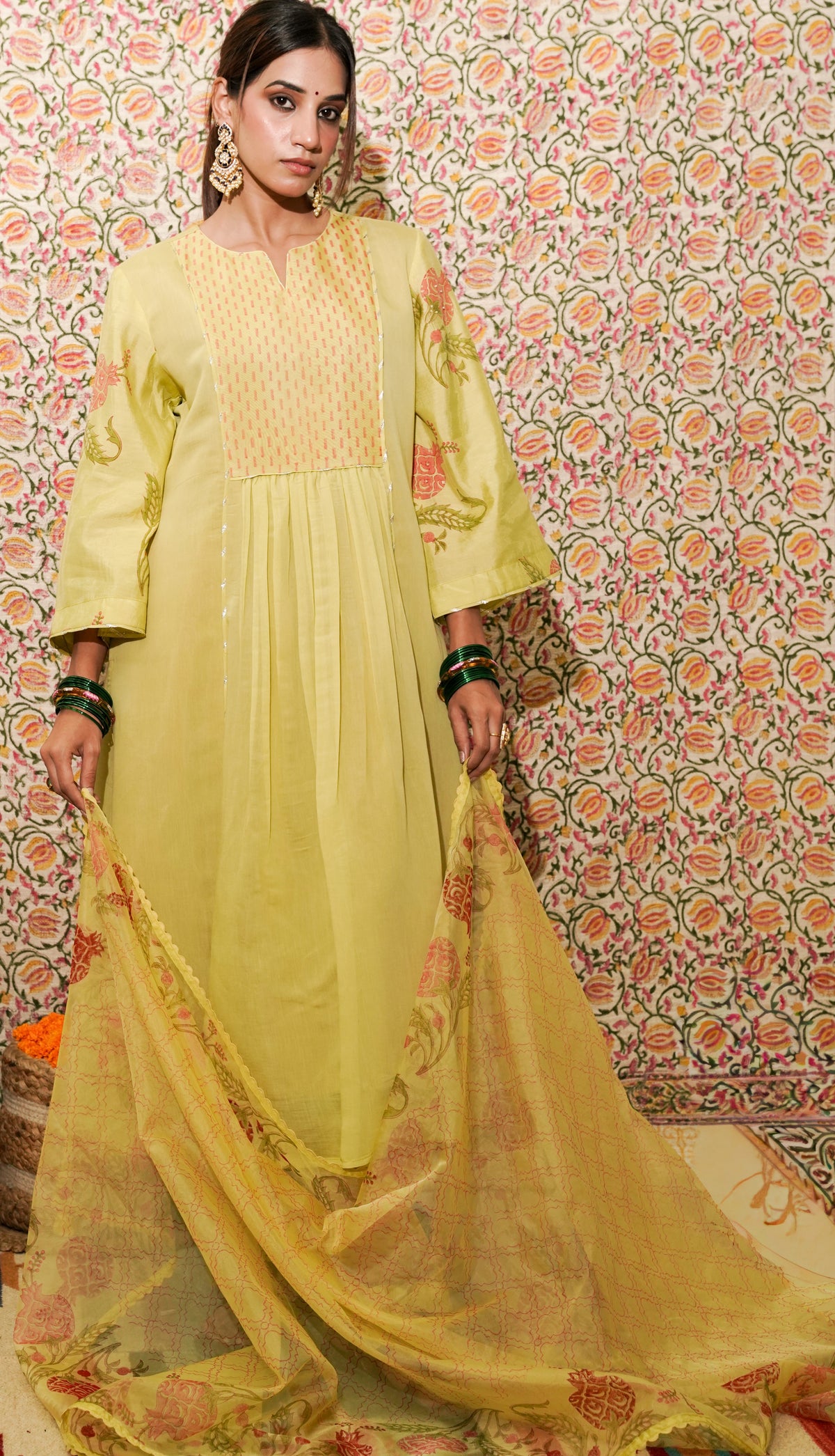 Saanvi yellow mul chanderi suit set