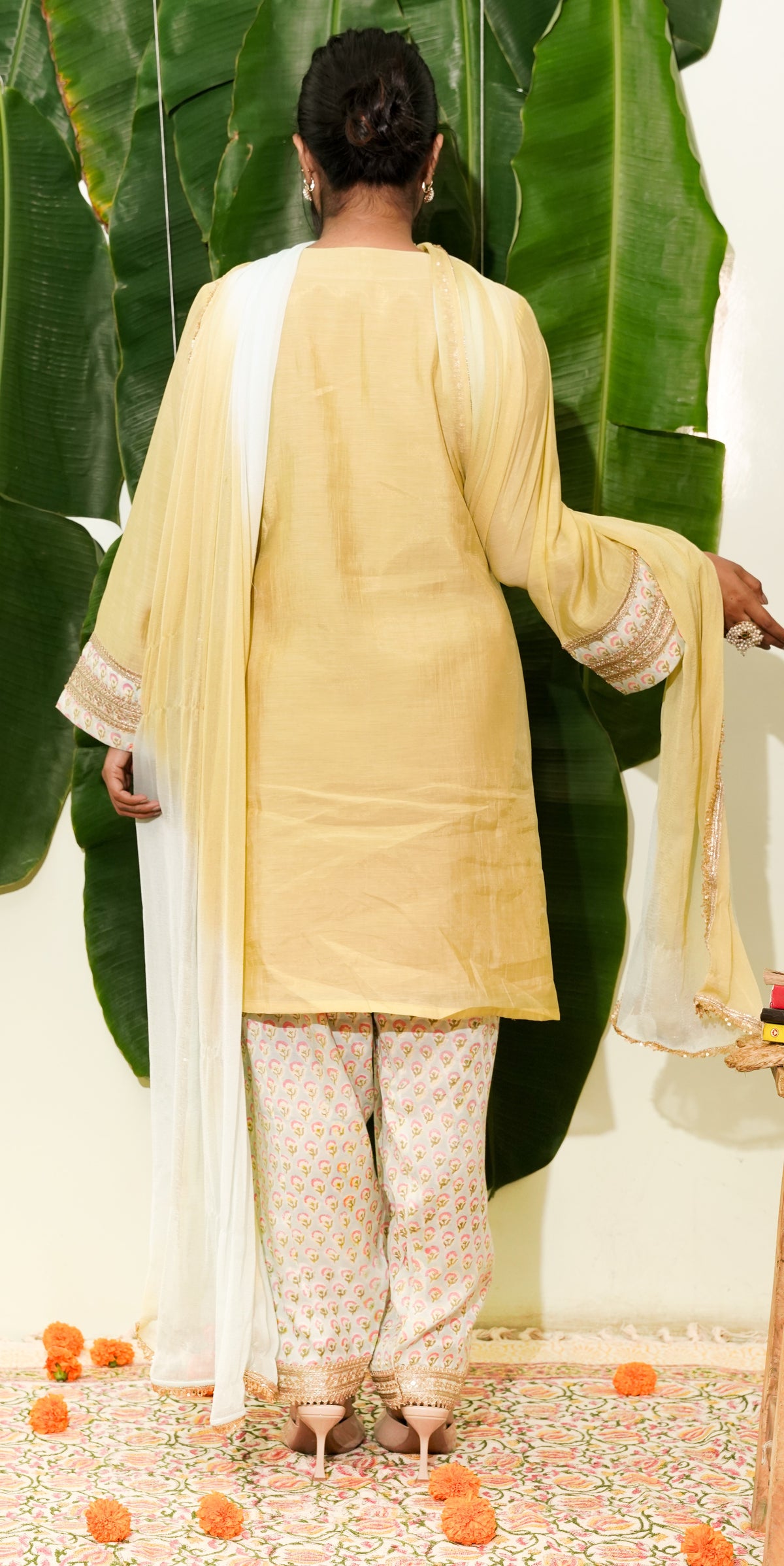 Prerna - light yellow mul chanderi suit set