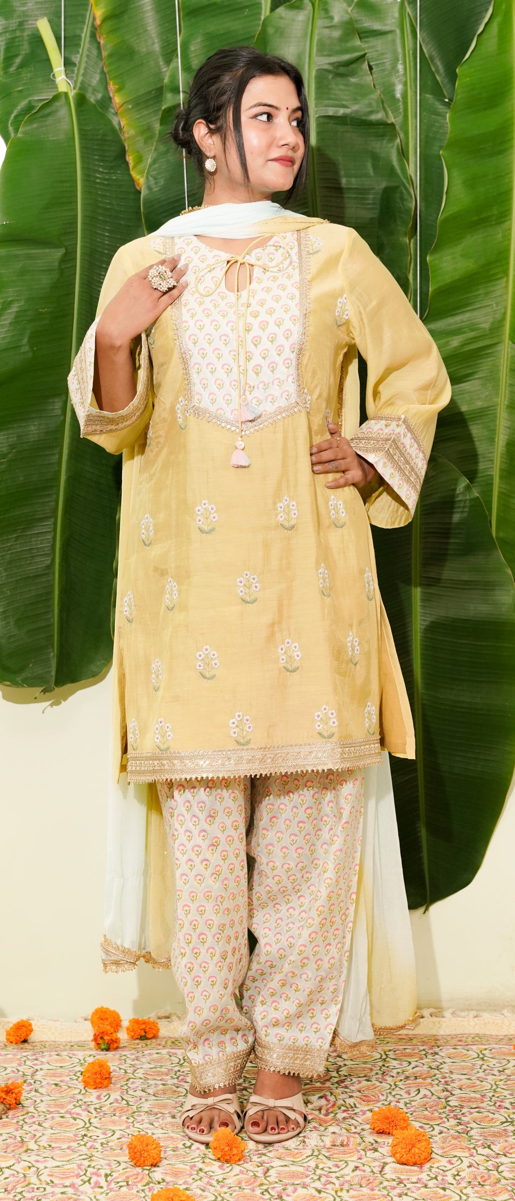 Prerna - light yellow mul chanderi suit set