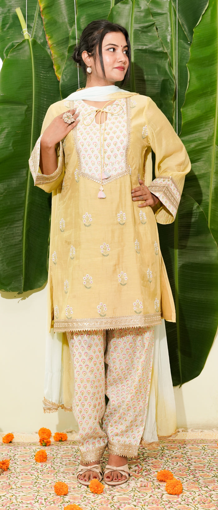 Prerna - light yellow mul chanderi suit set