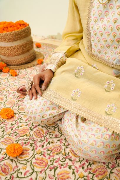 Prerna - light yellow mul chanderi suit set