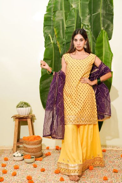 devi- yellow muslin plazo set