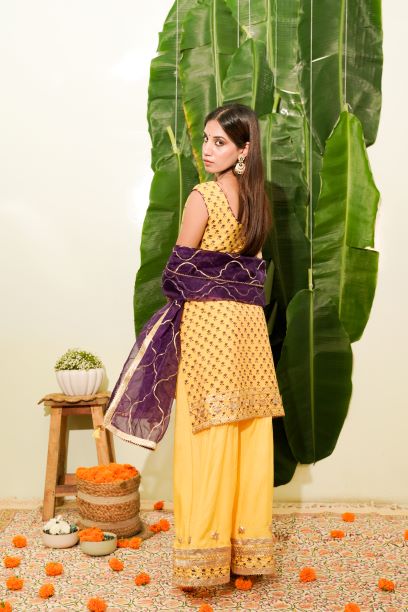 devi- yellow muslin plazo set