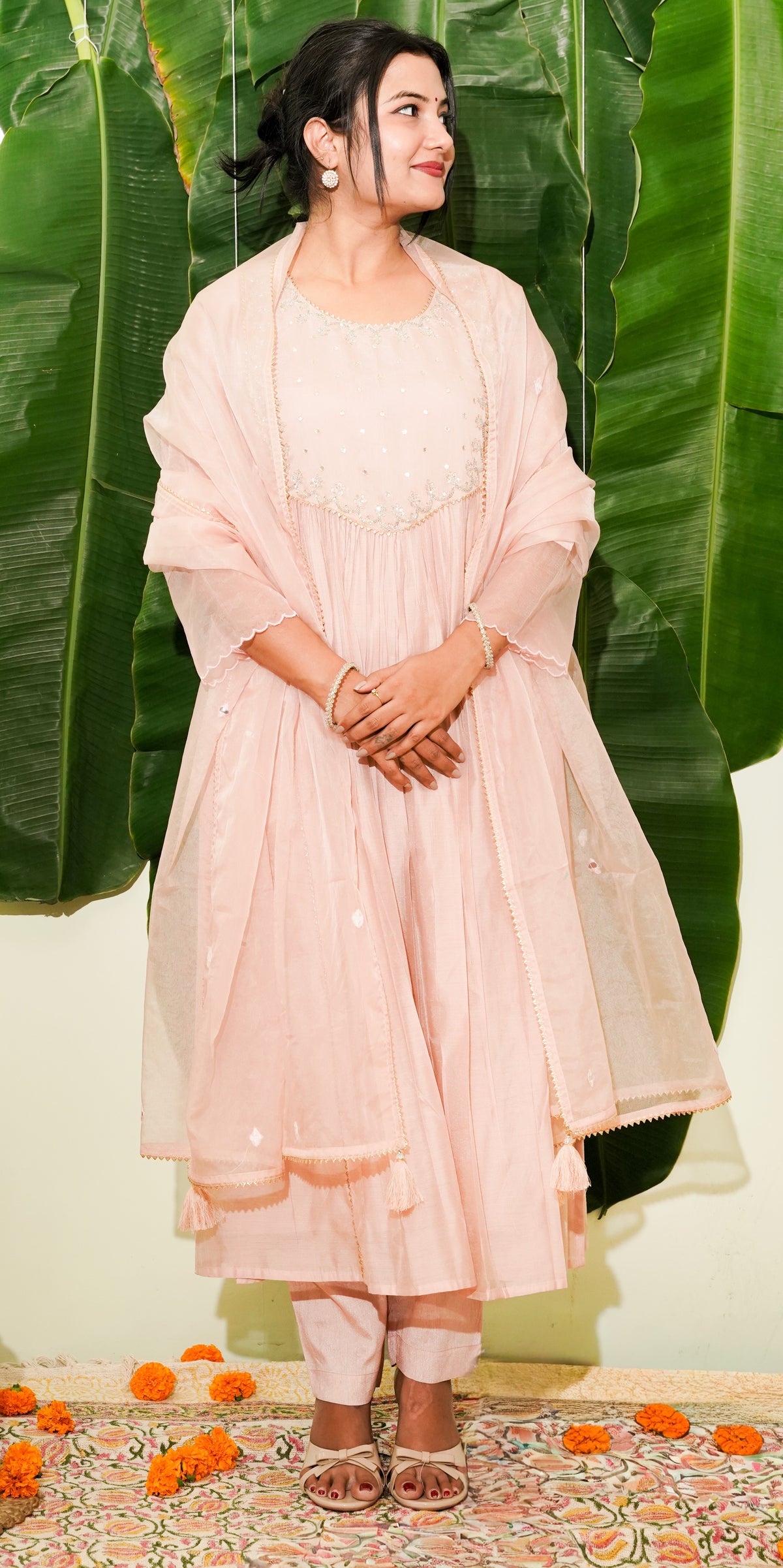 Arohi- soft peach colour chanderi suit set