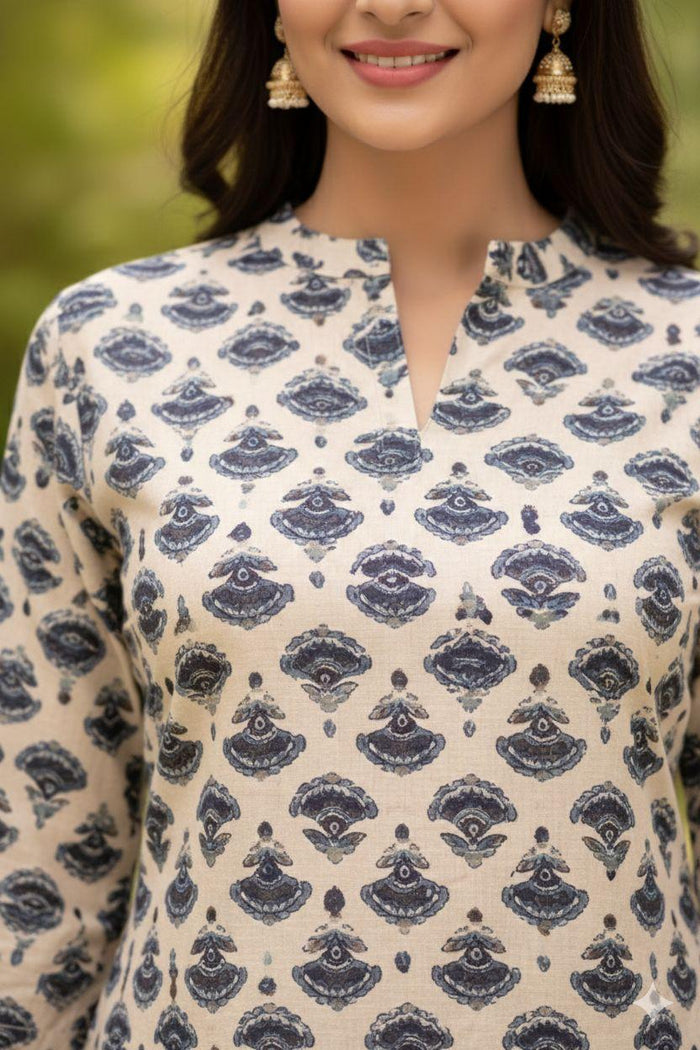 Beige and Blue Short Kurti