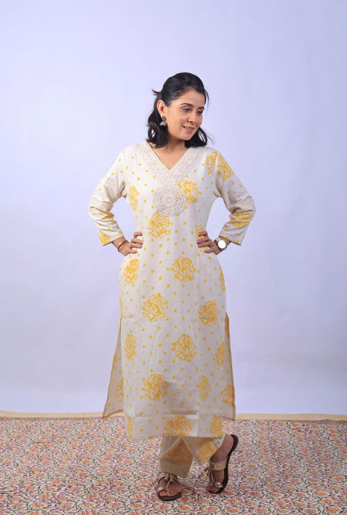 Champa-White Handblock kurta set