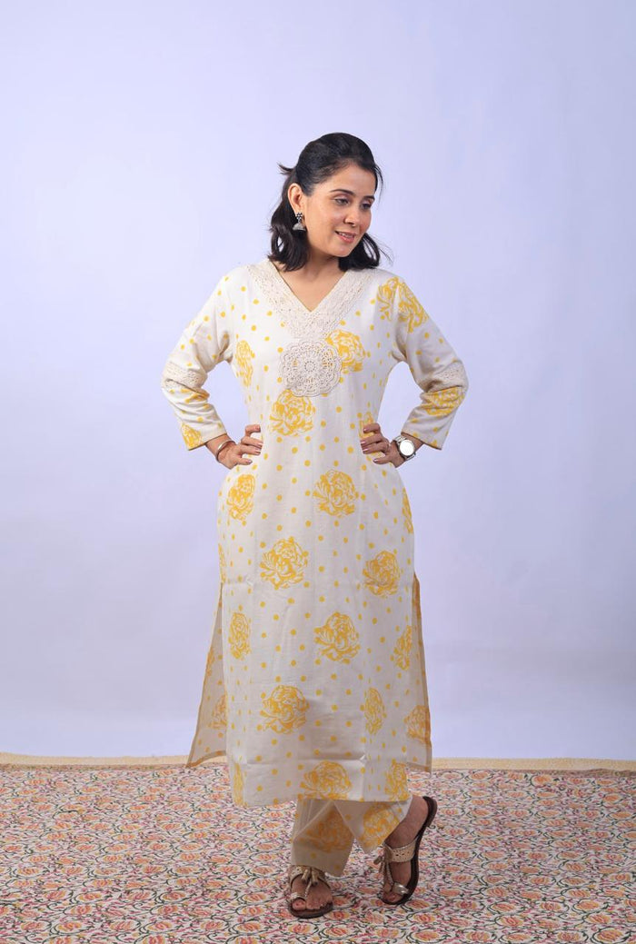 Champa-White Handblock kurta set